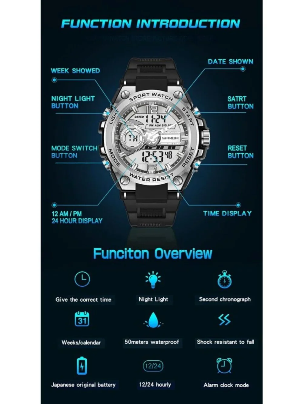 Men's Black Silver Analog Quartz Sports Waterproof Military LED Digital Watch